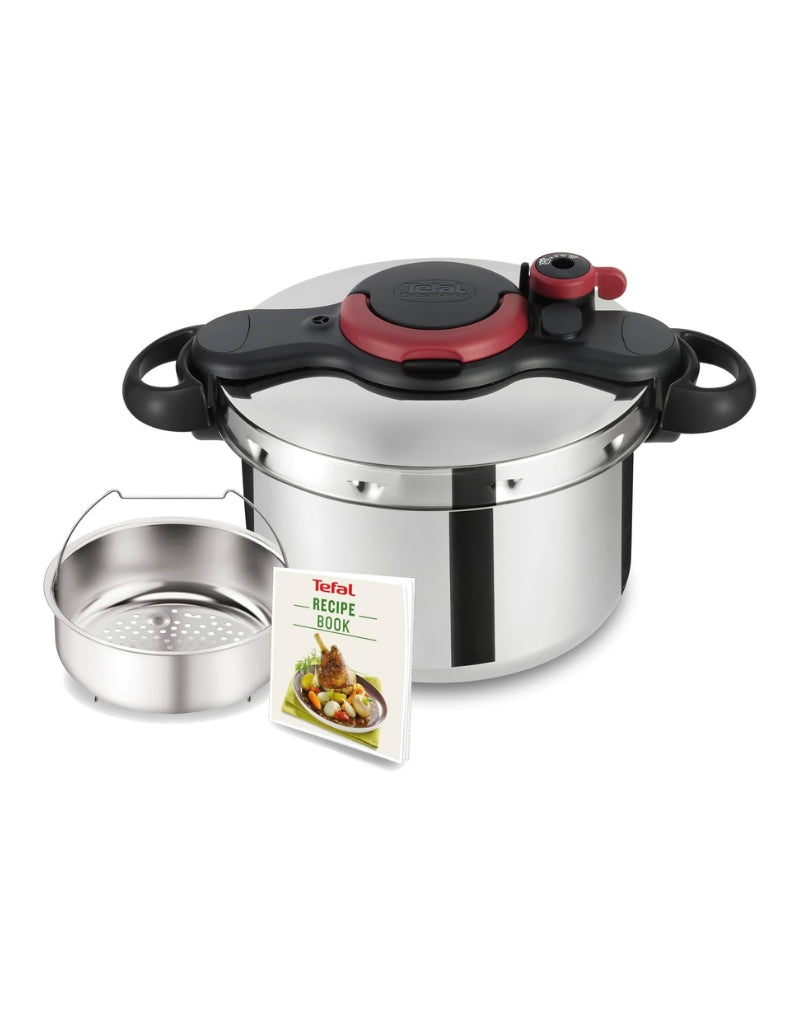 Tefal Stainless Steel Pressure Cooker 9L with steamer basket and recipe book – durable and efficient design